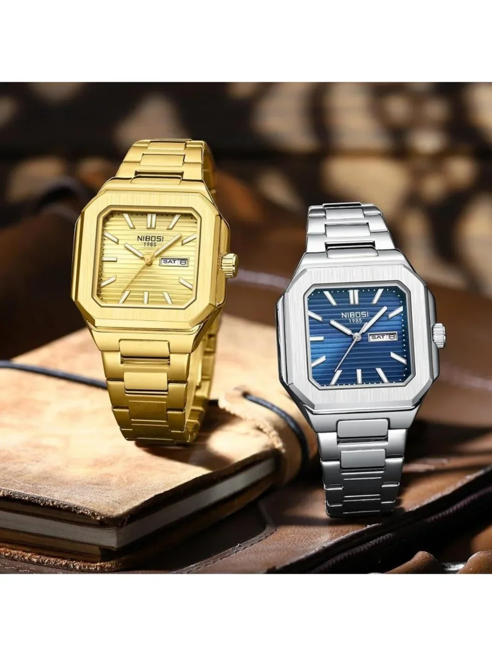 Nibosi Men's Gold Analog Quartz Stainless Steel Waterproof Date Square Watch